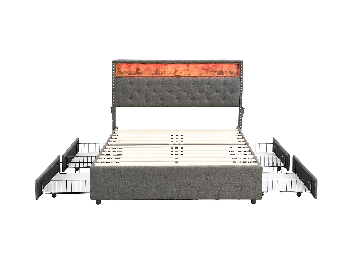 Lit capitonné avec 4 tiroirs et rangement de tête de lit - 140 x 200 cm - LEDs et USB - tissu lin - gris