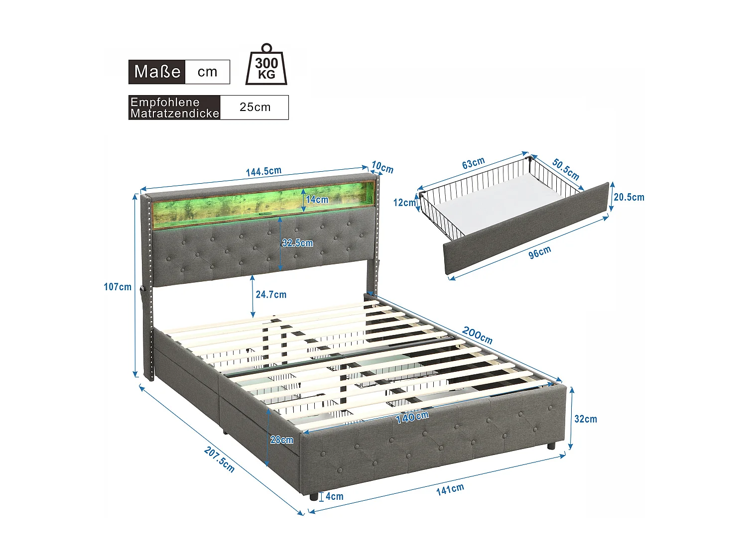 Lit capitonné avec 4 tiroirs et rangement de tête de lit - 140 x 200 cm - LEDs et USB - tissu lin - gris