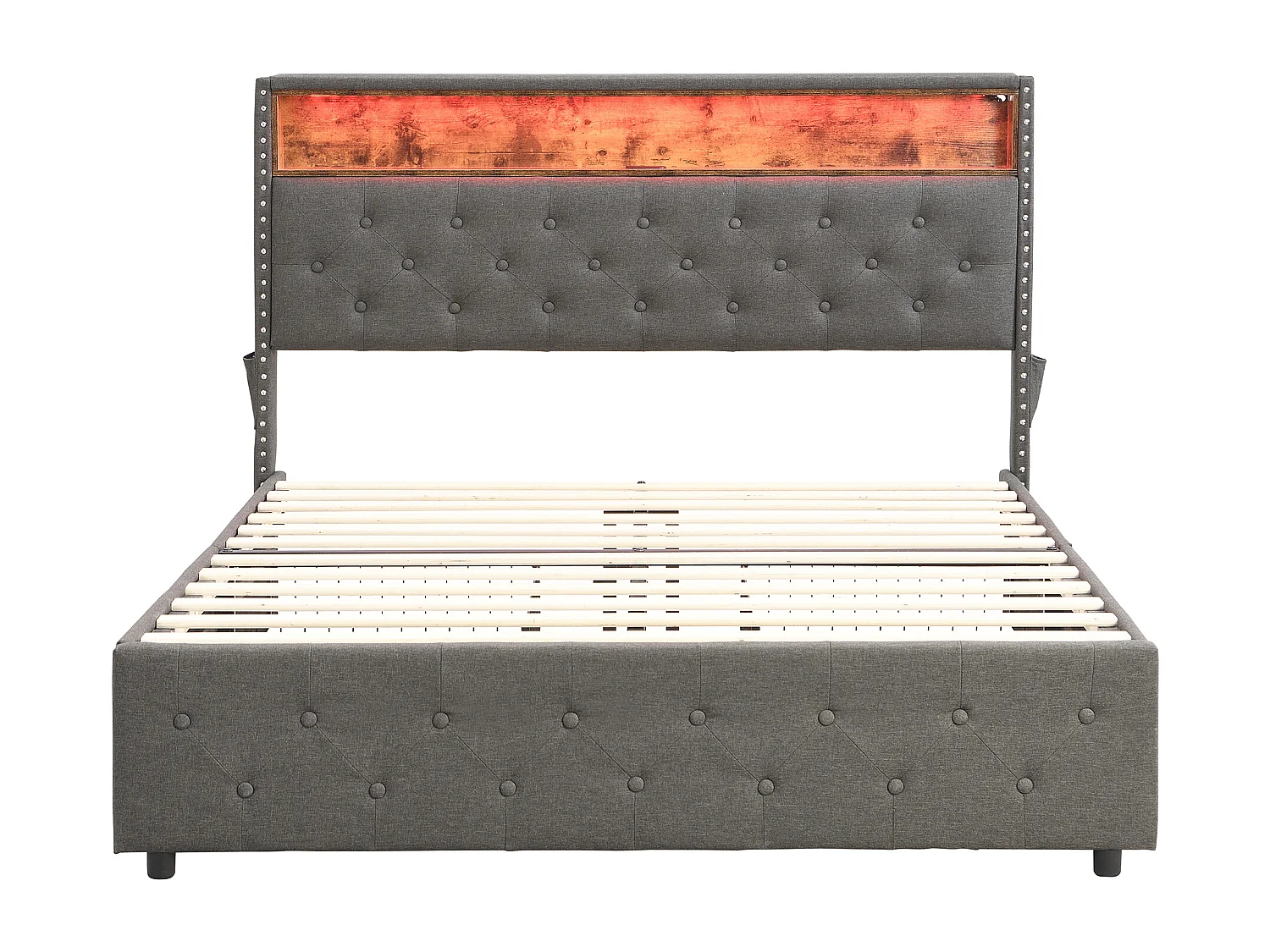 Lit capitonné avec 4 tiroirs et rangement de tête de lit - 140 x 200 cm - LEDs et USB - tissu lin - gris