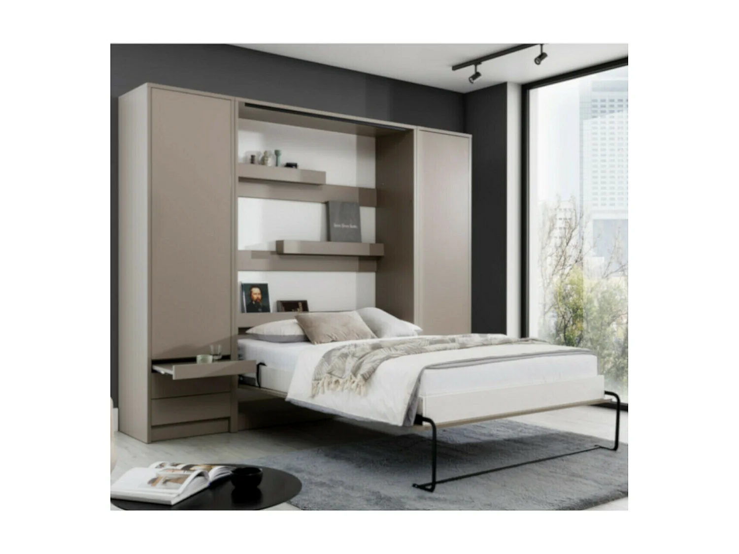 Lit escamotable avec bureau et 2 colonnes 140x200 cm panneaux de fibres taupe GOYA