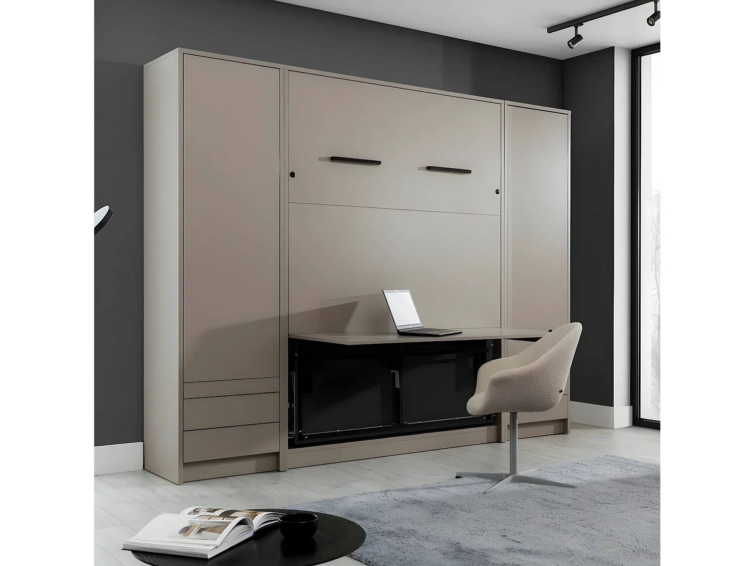 Lit escamotable avec bureau et 2 colonnes 140x200 cm panneaux de fibres taupe GOYA