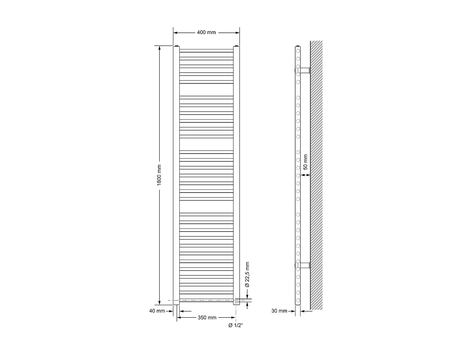 Radiador toallero de baño 40x180cm calefactor recto negro mate, conexión lateral