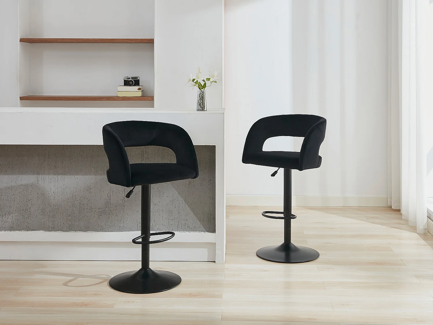 Lot de 2 tabourets de bar en velours et métal - Hauteur réglable - Noir - LAJUNIA