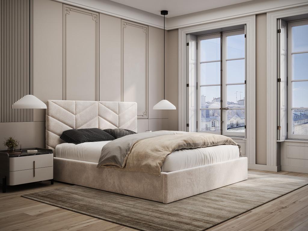 Lit coffre 140 x 190 cm - Tissu texturé - Crème - JUSTANI