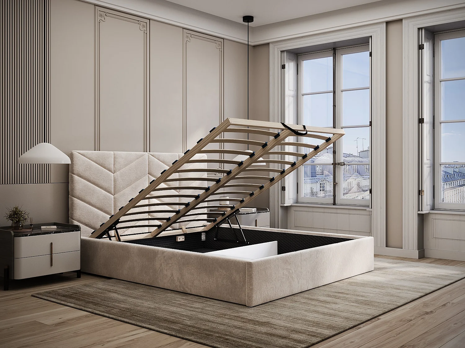 Lit coffre 180 x 200 cm - Tissu texturé - Crème - JUSTANI