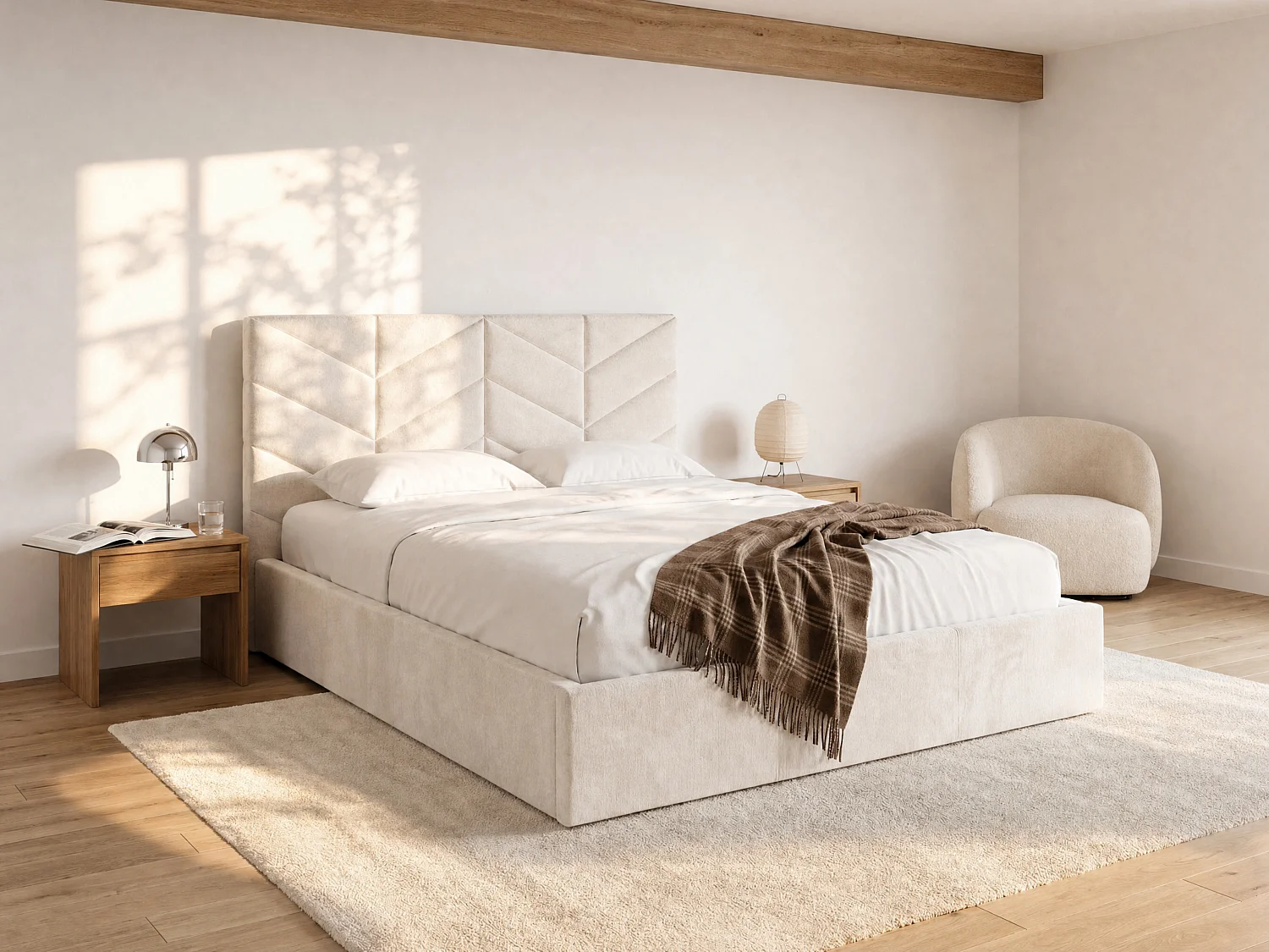 Bed met opbergruimte 180 x 200 cm - Stof met textuur - Crèmewit - JUSTANI