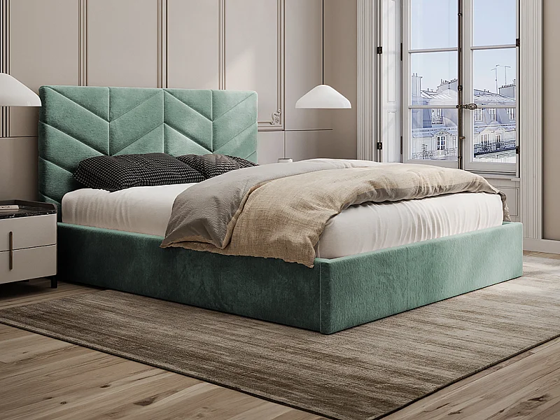 Bett mit Bettkasten - 140 x 190 cm - Strukturstoff - Mandelgrün - JUSTANI