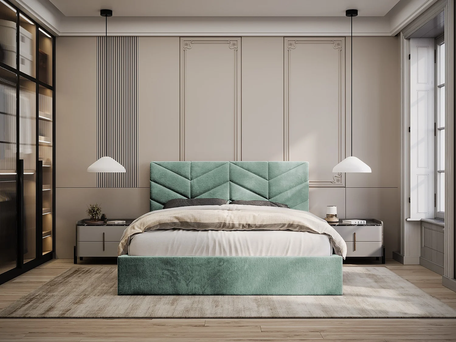 Lit coffre 140 x 190 cm - Tissu texturé - Vert amande - JUSTANI