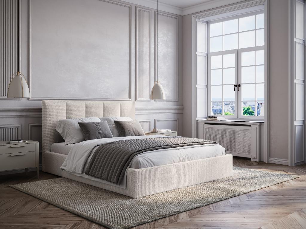 Lit coffre 140 x 190 cm avec tête de lit coutures verticales - Tissu - Beige - KILACLO