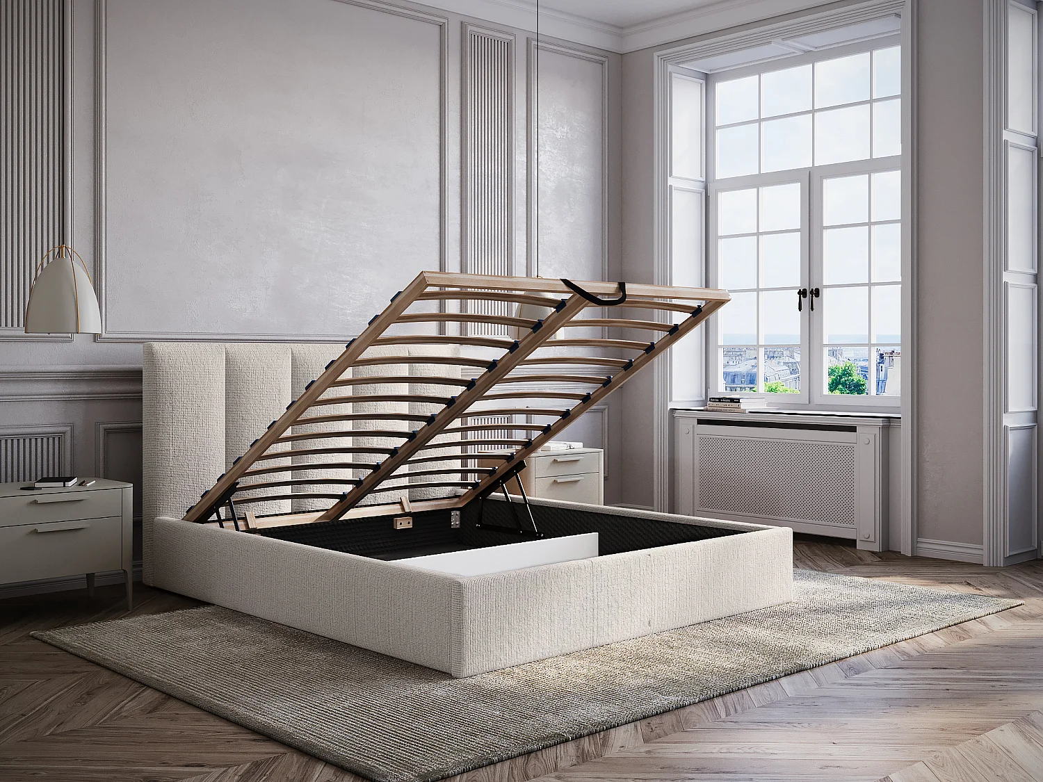 Sengeopbevaring 140 x 190 cm med sengegavl med lodrette med vertikale syninger - Stof - Beige - KILACLO