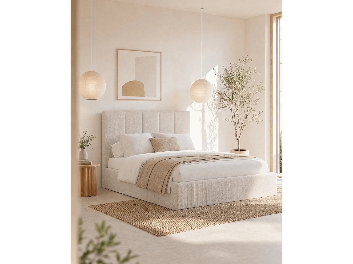 Bett mit Bettkasten & Kopfteil mit vertikalen Ziernähten - 180 x 200 cm - Stoff - Beige - KILACLO