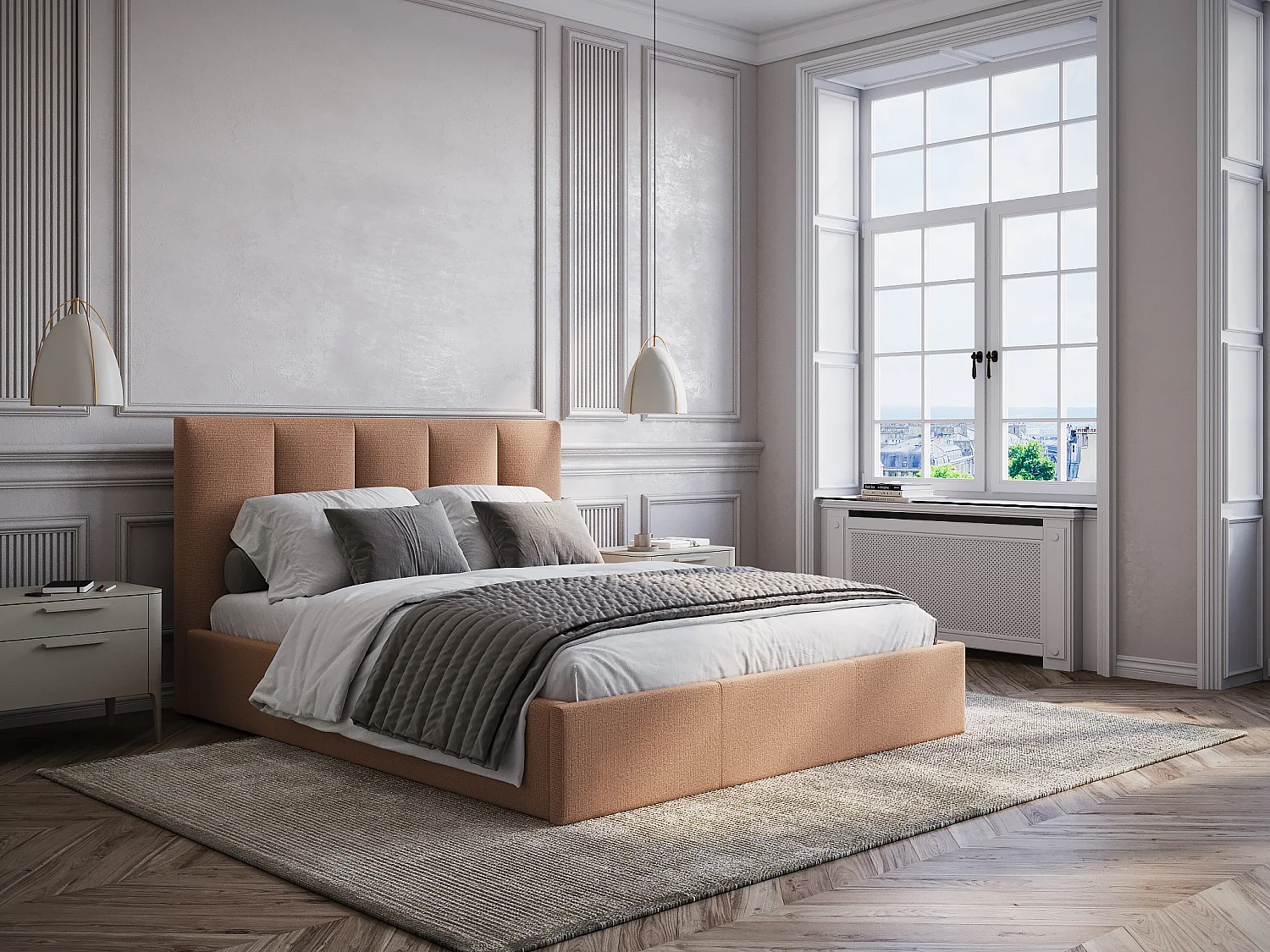 Oppbevaringsseng 180 x 200 cm med sengegavl med vertikale sømmer - Stoff - Terrakotta - KILACLO