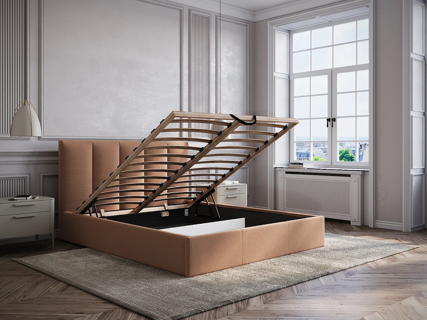 Oppbevaringsseng 180 x 200 cm med sengegavl med vertikale sømmer - Stoff - Terrakotta - KILACLO