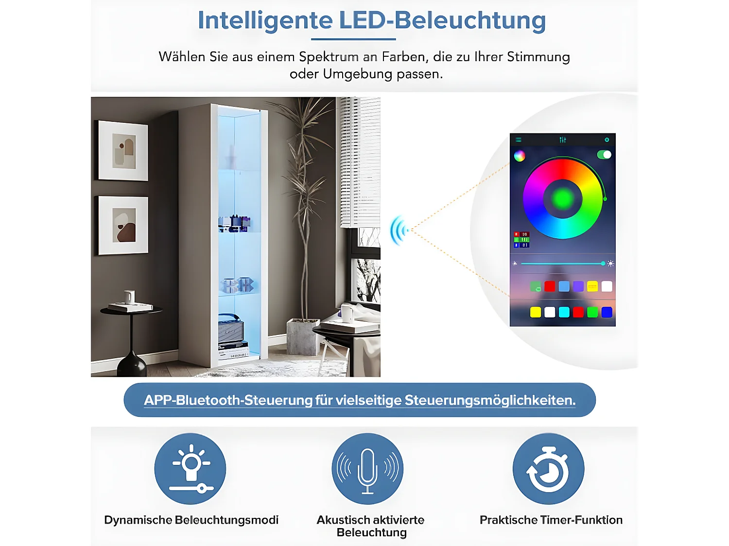 Vitrine branca lacada brilhante com iluminação LED, 3 prateleiras de vidro, 55*38*166 cm