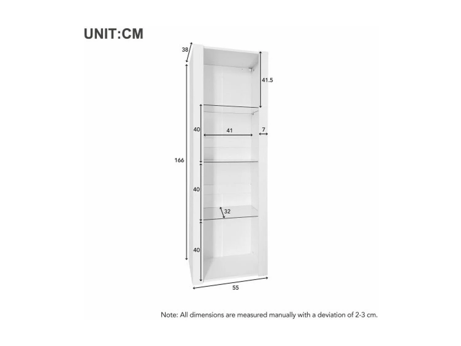 Vitrine branca lacada brilhante com iluminação LED, 3 prateleiras de vidro, 55*38*166 cm