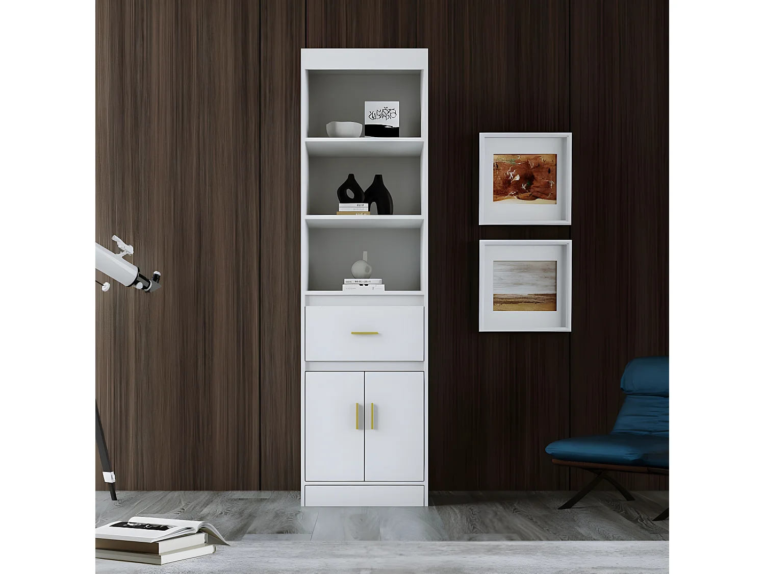 Vitrine blanche avec 1 tiroir et 2 portes, étagères ajustables, 50*40*180cm