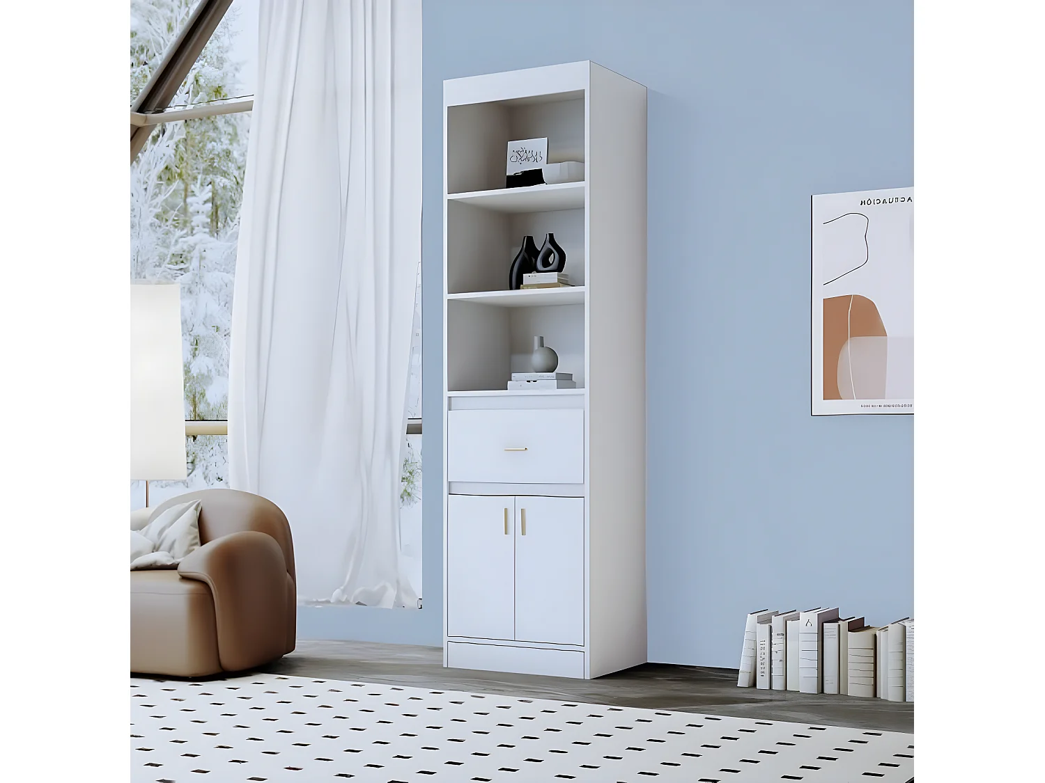 Vitrine blanche avec 1 tiroir et 2 portes, étagères ajustables, 50*40*180cm