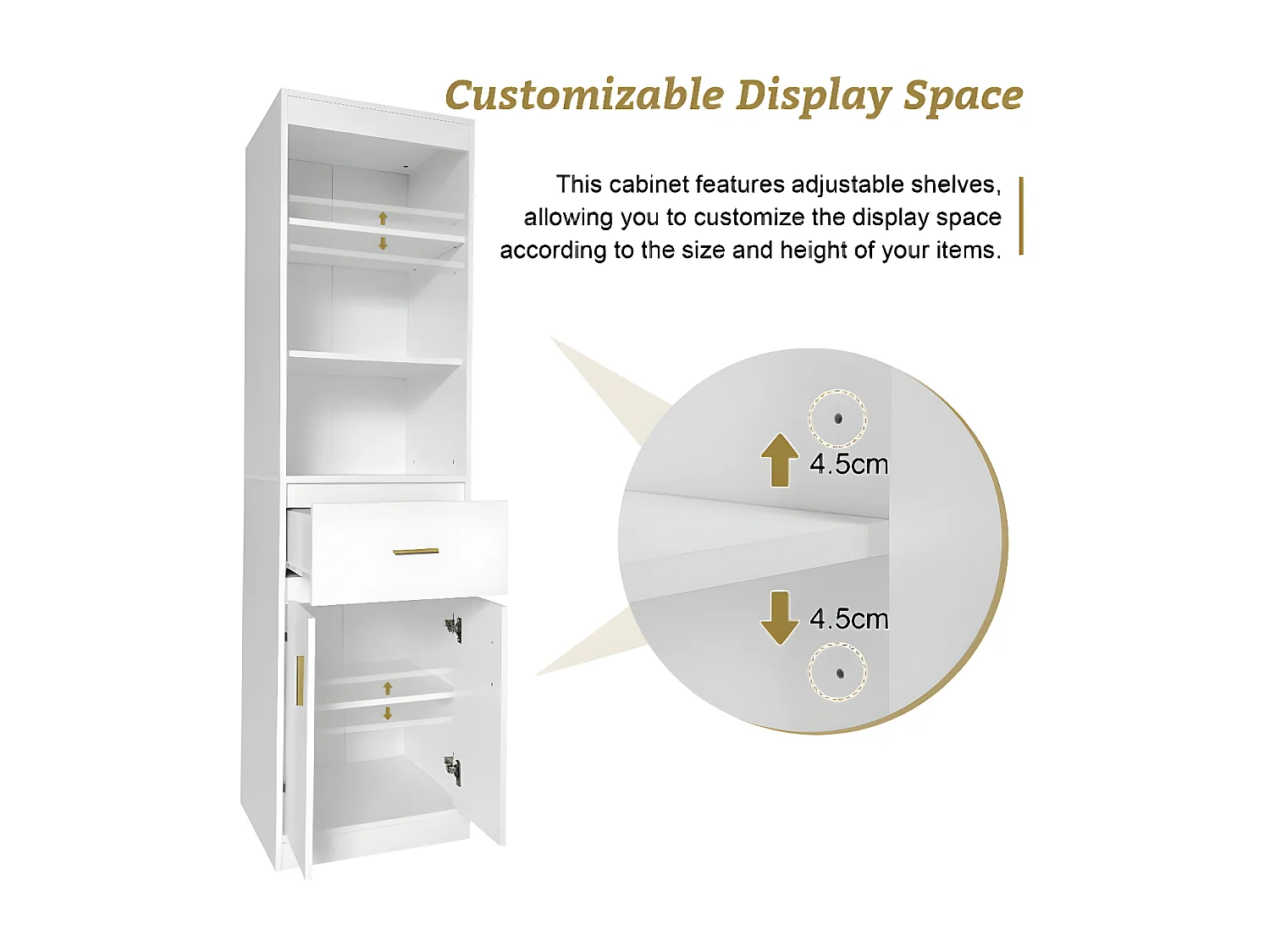 Vitrine blanche avec 1 tiroir et 2 portes, étagères ajustables, 50*40*180cm