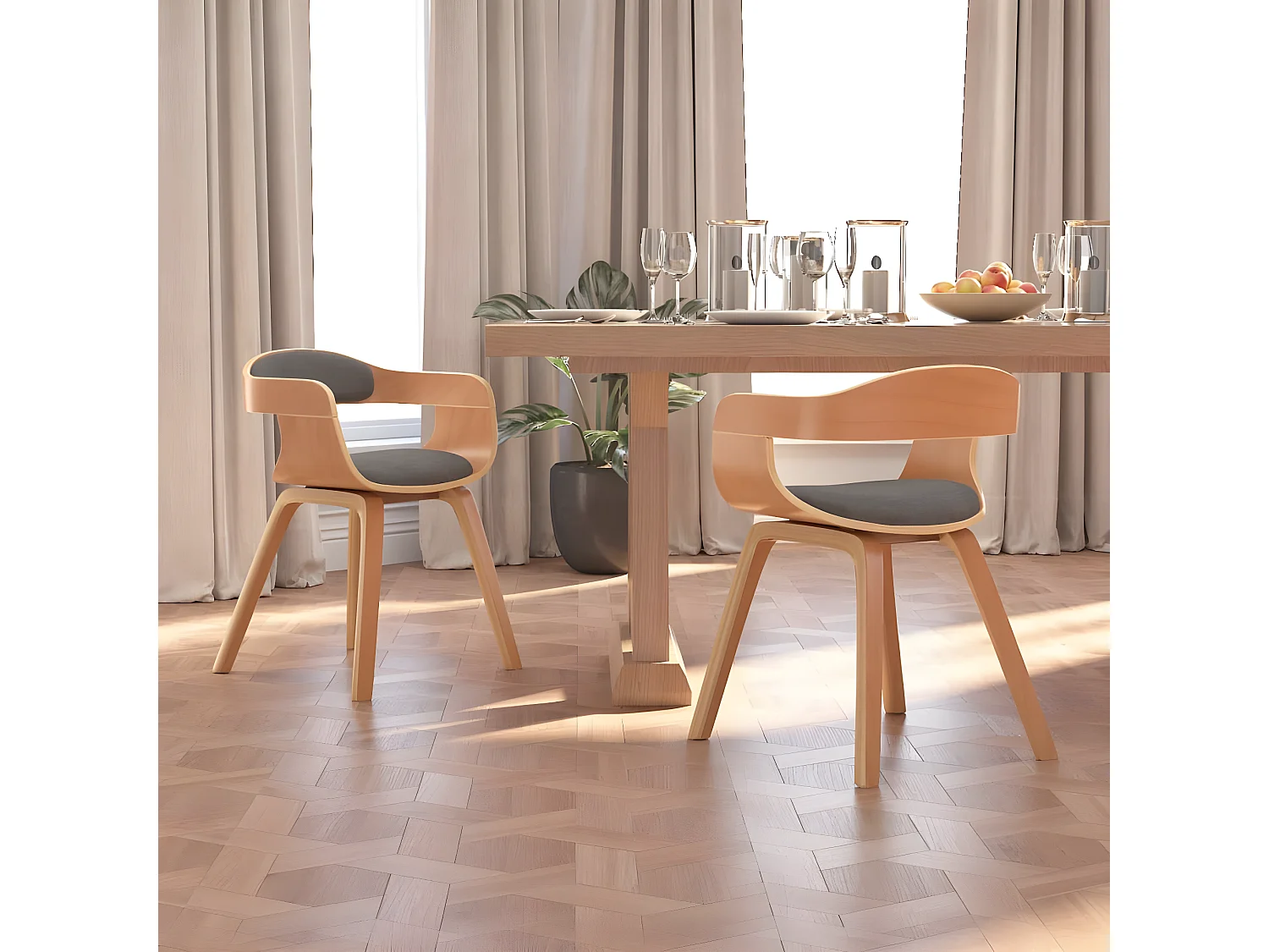 Eetkamerstoel 2 stuks lichtgrijs gebogen hout en stof