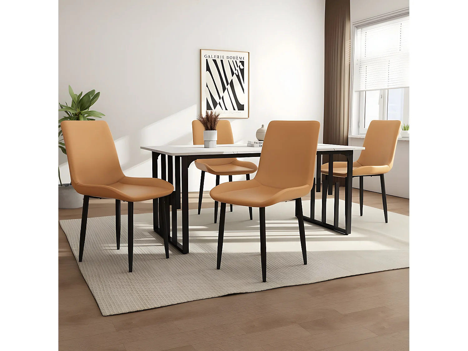 Eettafel met 4 stoelen - Bureau van 140×80 cm met zwarte metalen poten