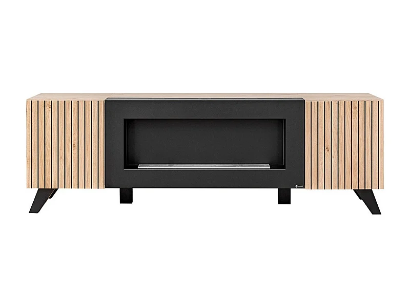 Mueble para TV de diseño con chimenea decorativa en colores roble y negro, colección NIELSEN.
