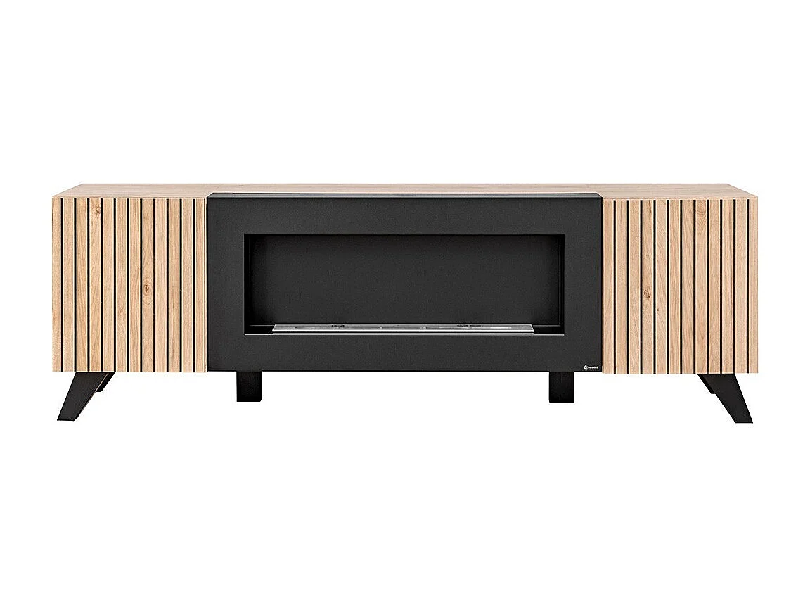 Design TV-meubel met decoratieve haard in eiken en zwart uit de NIELSEN collectie.