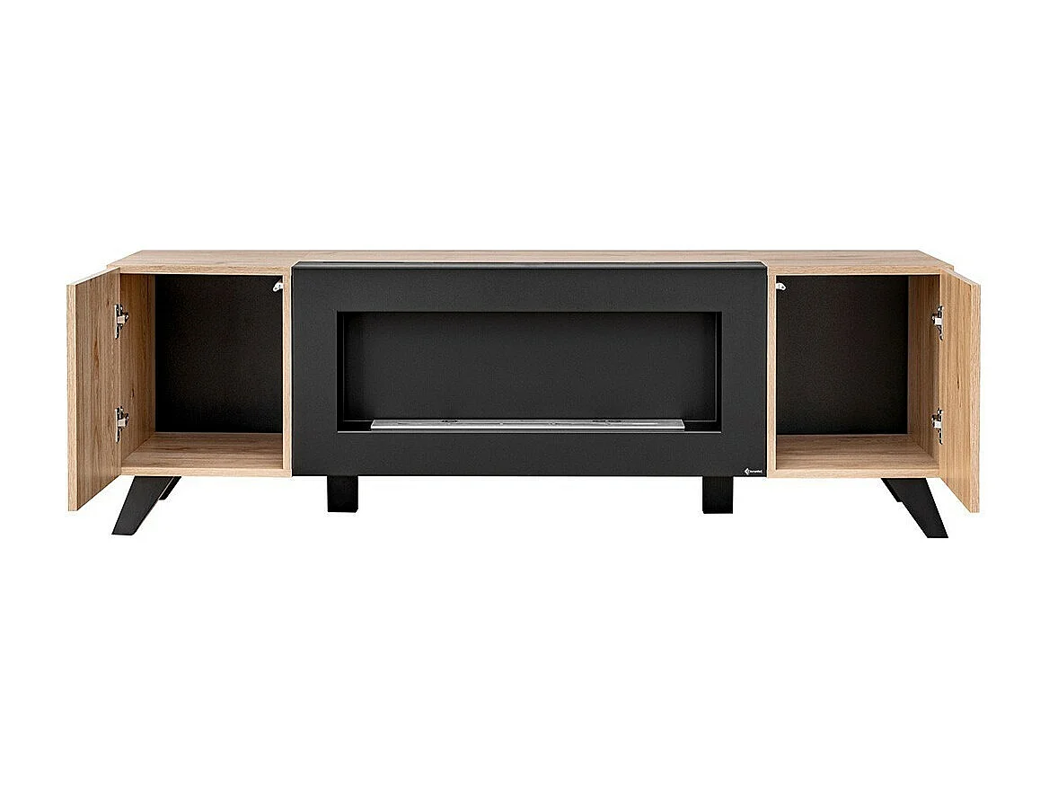 Design TV-meubel met decoratieve haard in eiken en zwart uit de NIELSEN collectie.