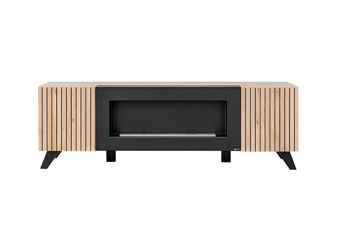 Meuble TV design avec cheminée décorative coloris chêne et noir collection NIELSEN.