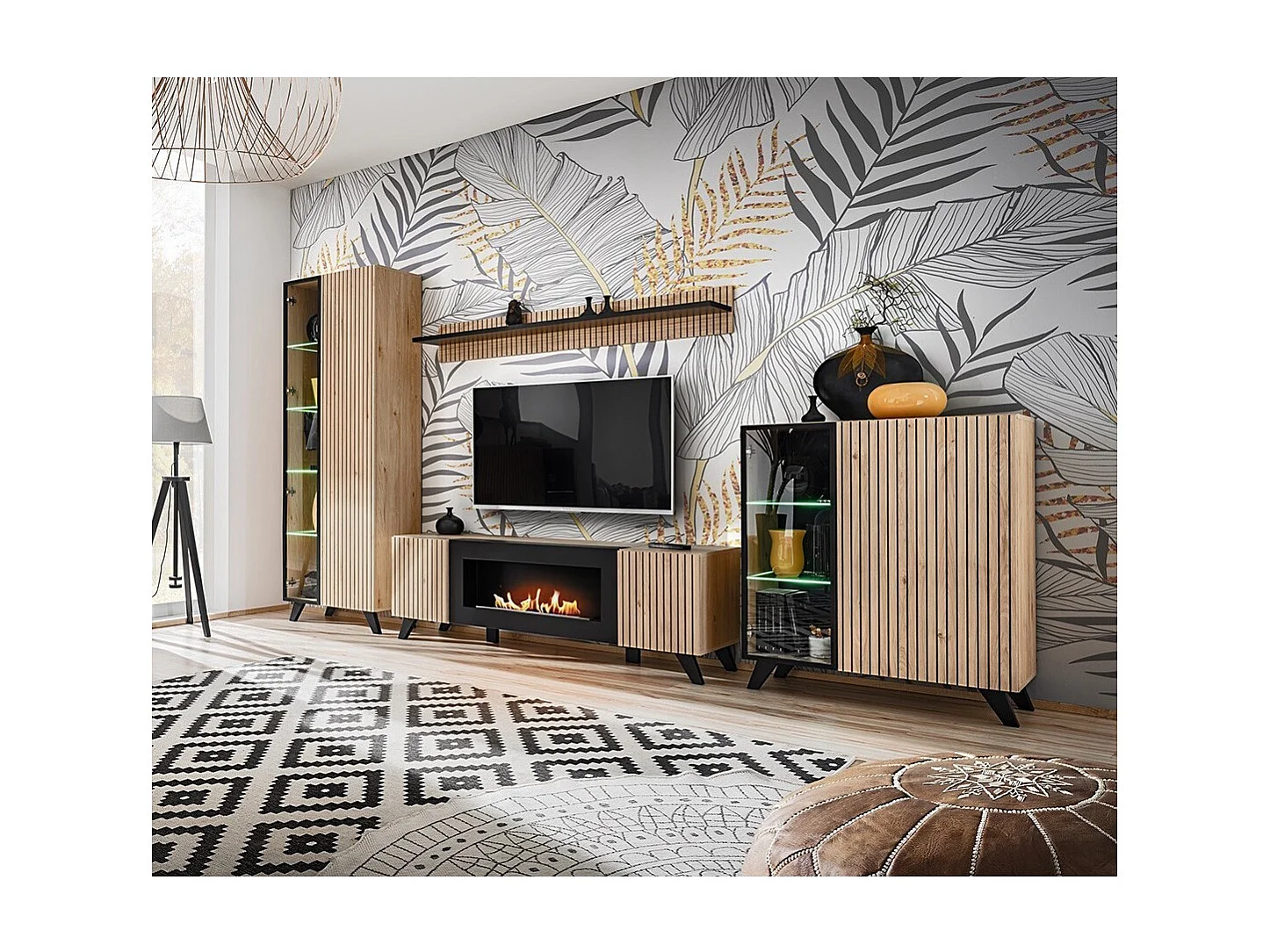 Designer-TV-Möbel mit dekorativem Kamin in Eichen- und Schwarzfarben aus der Kollektion NIELSEN.