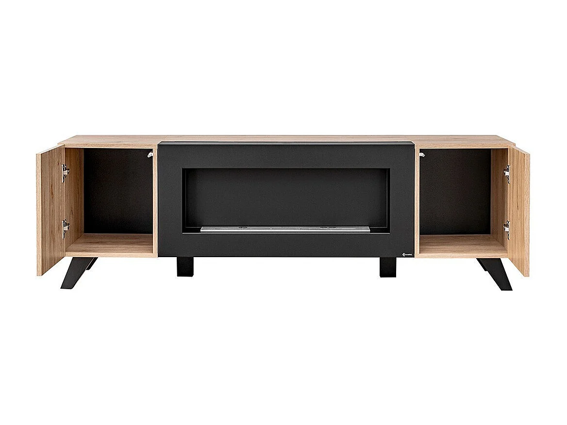 Designer-TV-Möbel mit dekorativem Kamin in Eichen- und Schwarzfarben aus der Kollektion NIELSEN.