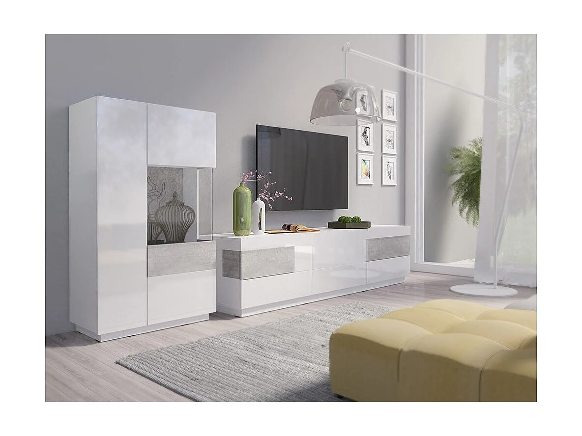 Móvel para TV XL design 200cm coleção KILES. Cores branco e cinza.