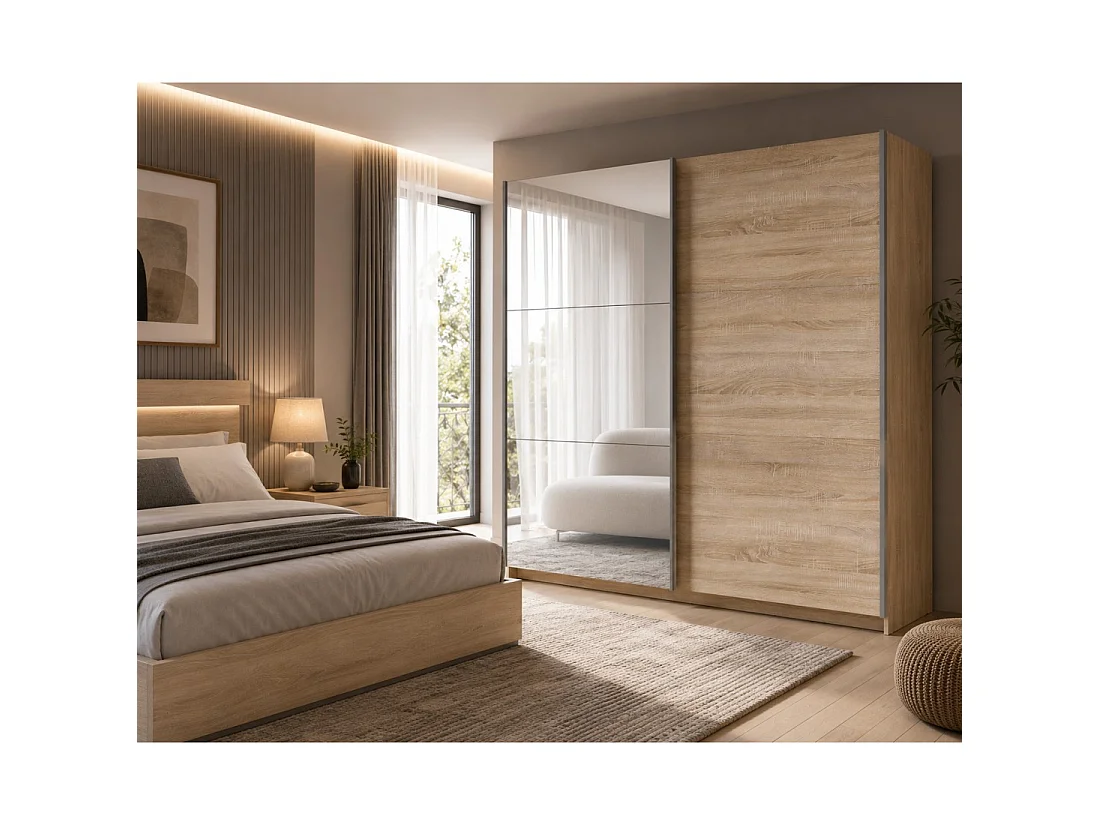 Armario, guardarropa de 2 puertas correderas con espejo - roble sonoma - Colección ARSALA