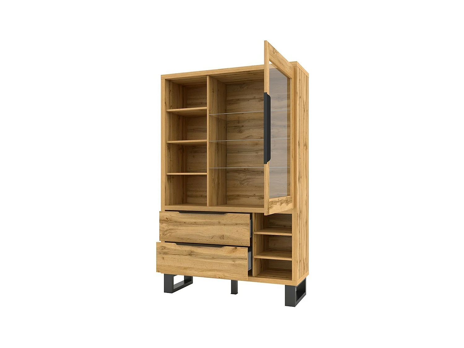 Vitrine, argentier, vaisselier MILOS. Coloris chêne et finitions noire. Meuble idéal pour votre salle à manger.