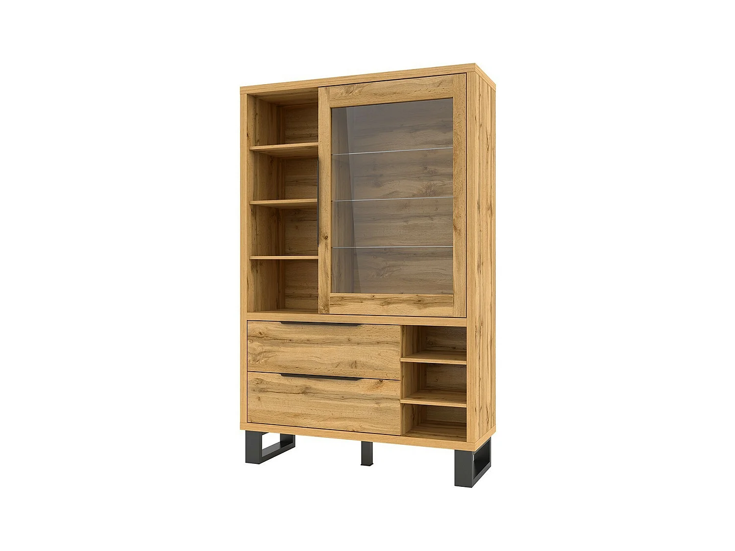 Vitrine, argentier, vaisselier MILOS. Coloris chêne et finitions noire. Meuble idéal pour votre salle à manger.