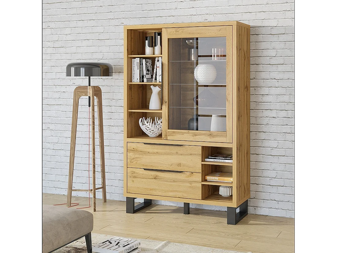 Vitrine, argentier, vaisselier MILOS. Coloris chêne et finitions noire. Meuble idéal pour votre salle à manger.