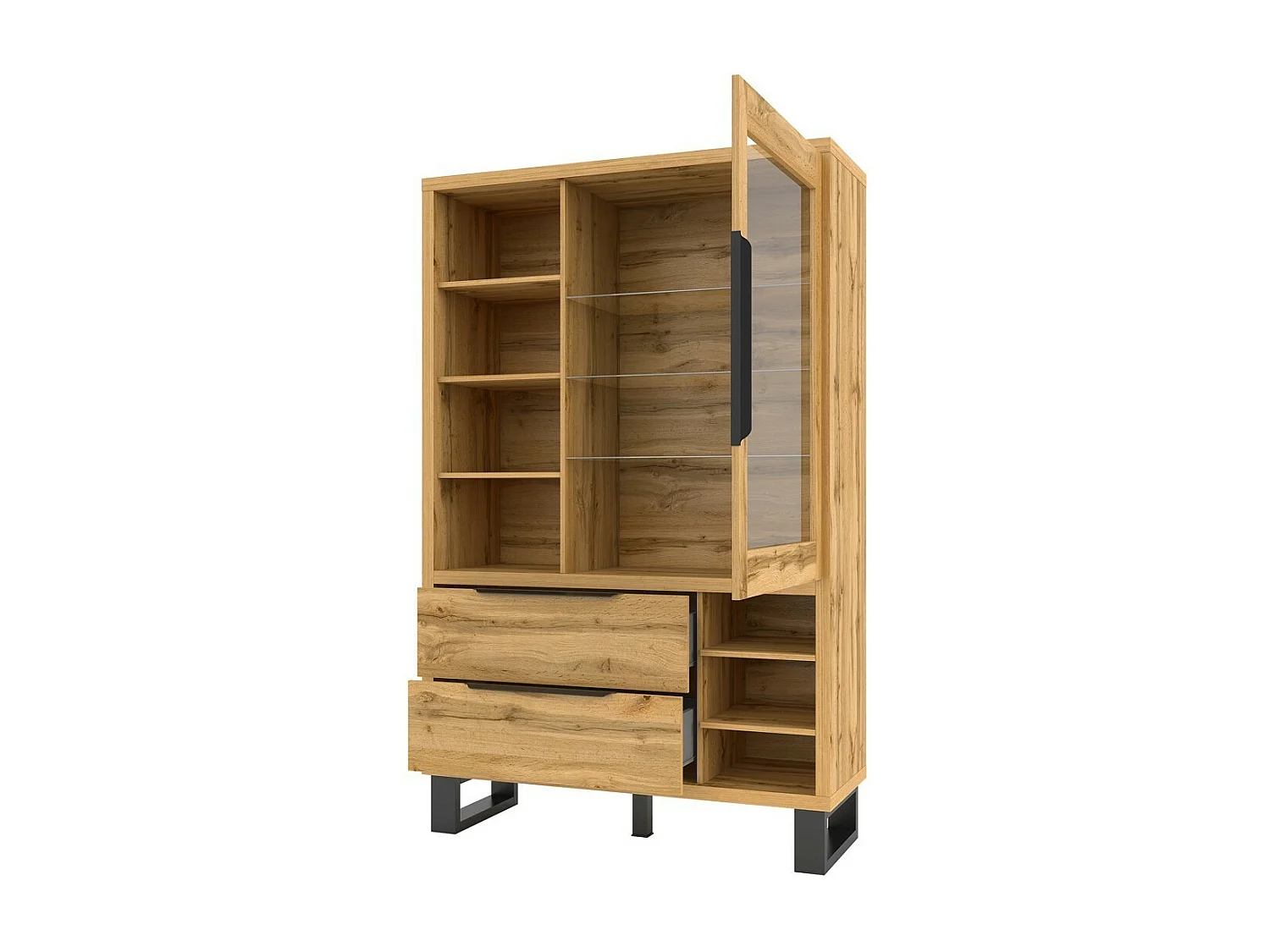 Vitrine, argentier, vaisselier MILOS. Coloris chêne et finitions noire. Meuble idéal pour votre salle à manger.