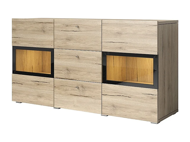 Buffet RAMOS – Roble y negro – LED multicolores integradas – 2 puertas de vidrio + 3 cajones - Estilo contemporáneo