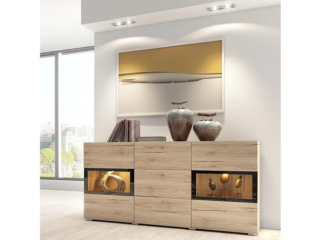 Buffet com 2 portas e 3 gavetas com iluminação LED integrada coleção RAMOS. Cor carvalho e preto.