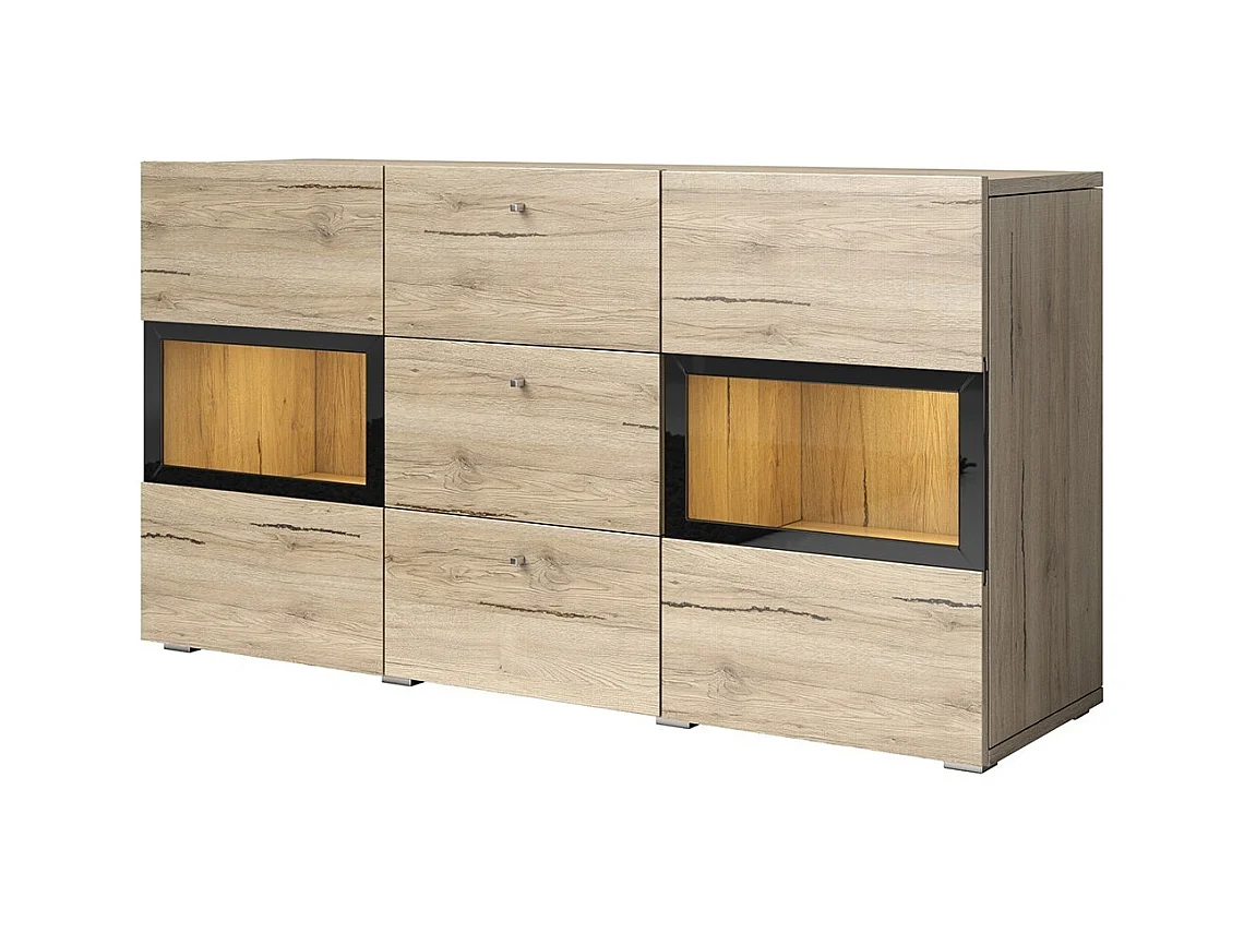 Buffet met 2 deuren en 3 laden met ingebouwde LED-verlichting, collectie RAMOS. Kleur eiken en zwart.