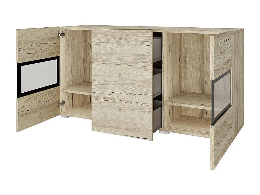 Buffet RAMOS – Chêne et noir – LED multicolores intégrées – 2 portes vitrées + 3 tiroirs - Style contemporain