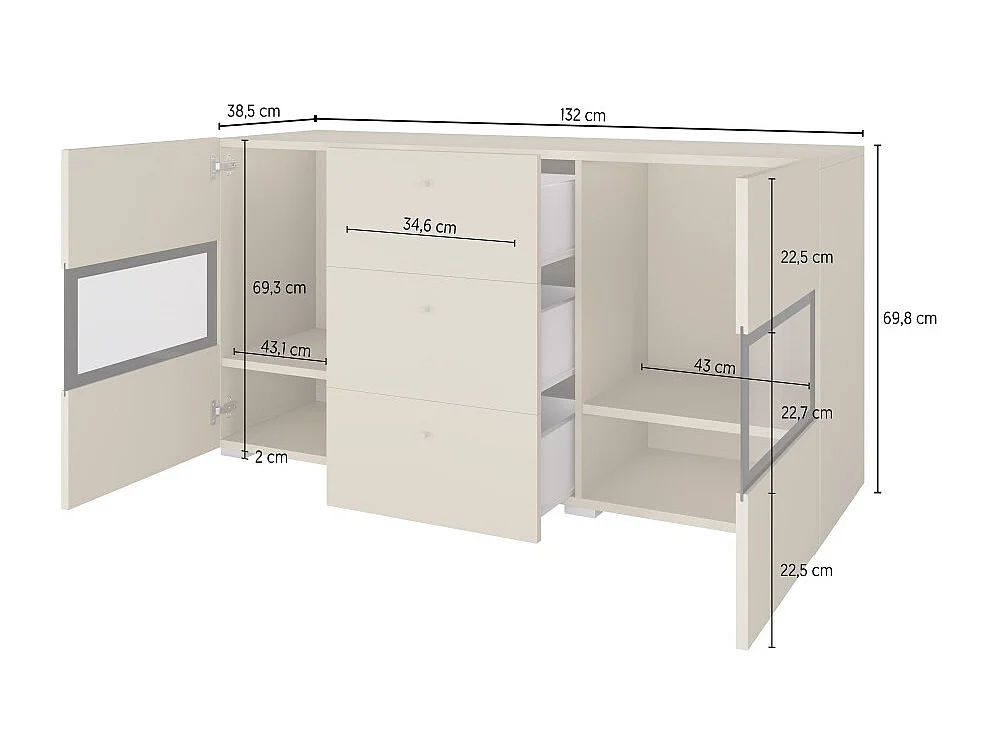 Buffet RAMOS – Chêne et noir – LED multicolores intégrées – 2 portes vitrées + 3 tiroirs - Style contemporain
