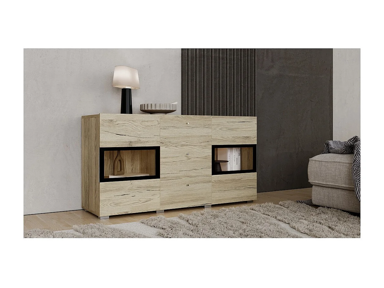 Buffet RAMOS – Chêne et noir – LED multicolores intégrées – 2 portes vitrées + 3 tiroirs - Style contemporain
