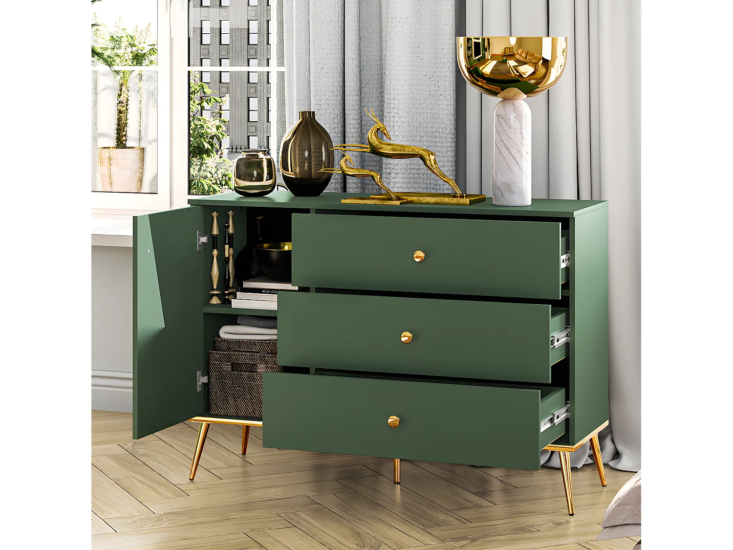 Buffet 1 porte 3 tiroirs Thalia Vert