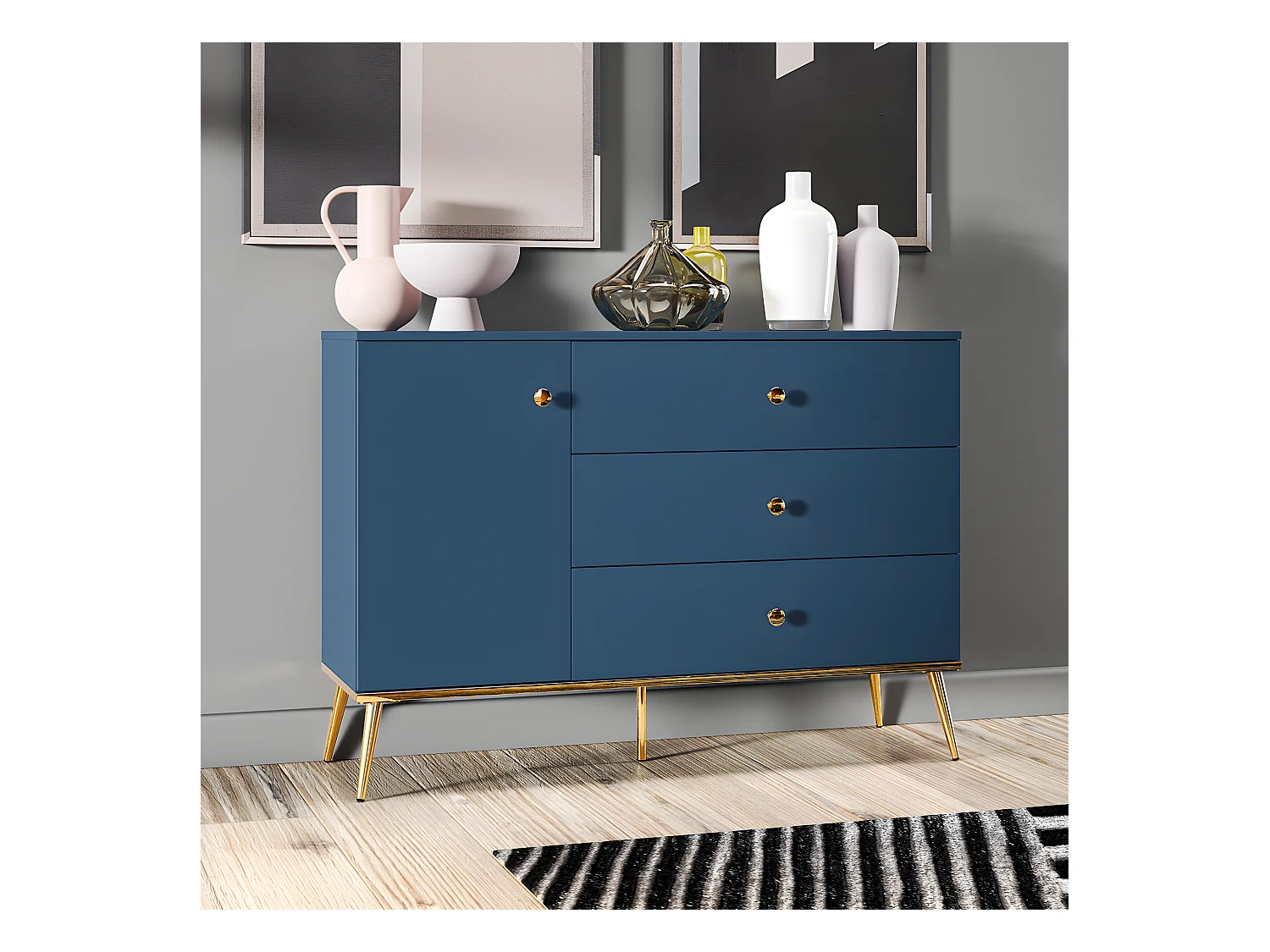 Buffet 1 porte 3 tiroirs Thalia Bleu