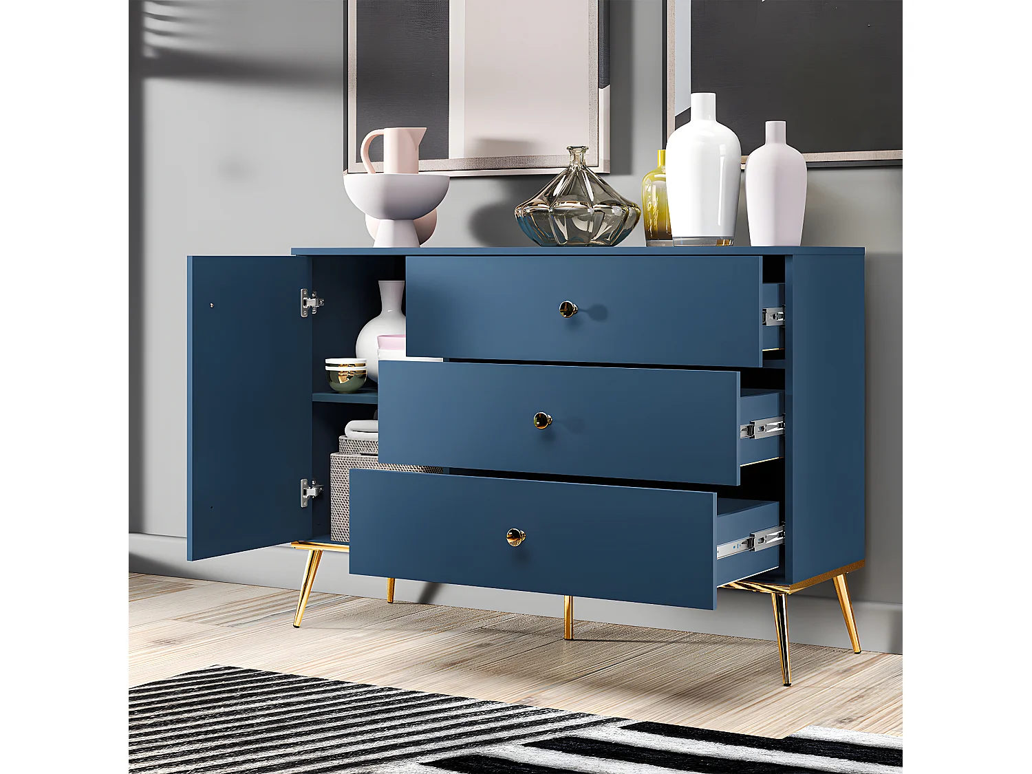 Buffet 1 porte 3 tiroirs Thalia Bleu