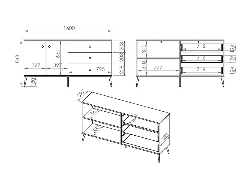 Thalia Blauw 2-deurs 3-lade dressoir