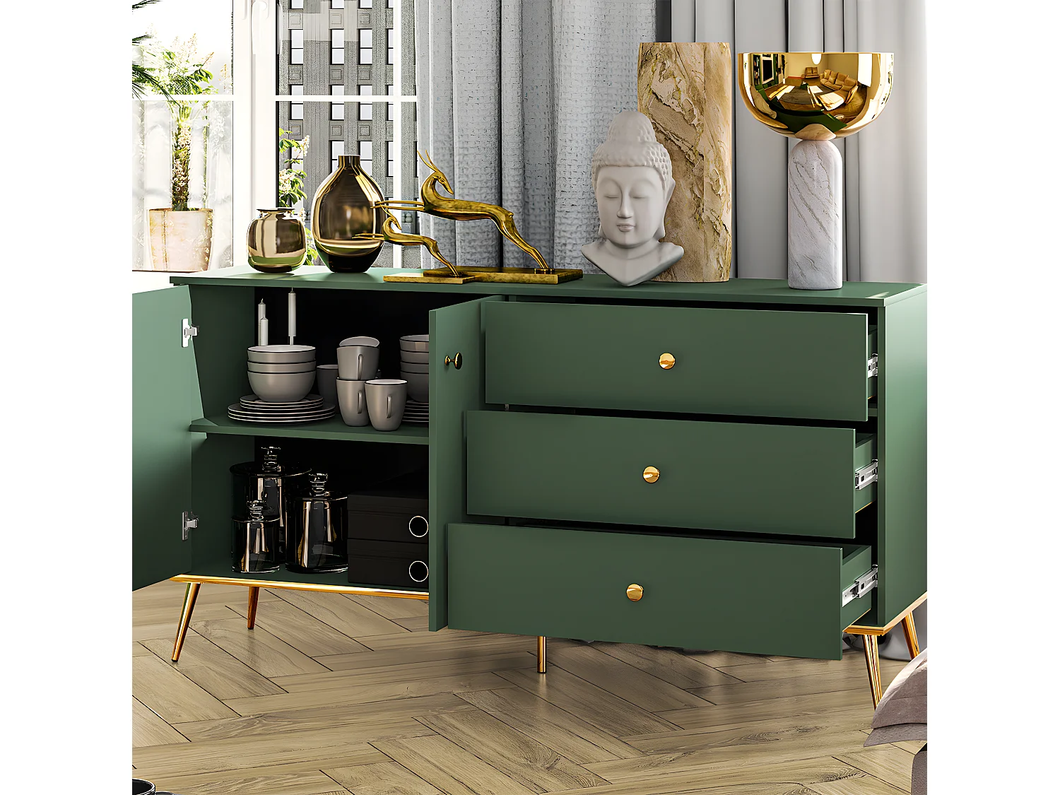 Buffet 2 portes 3 tiroirs Thalia Vert
