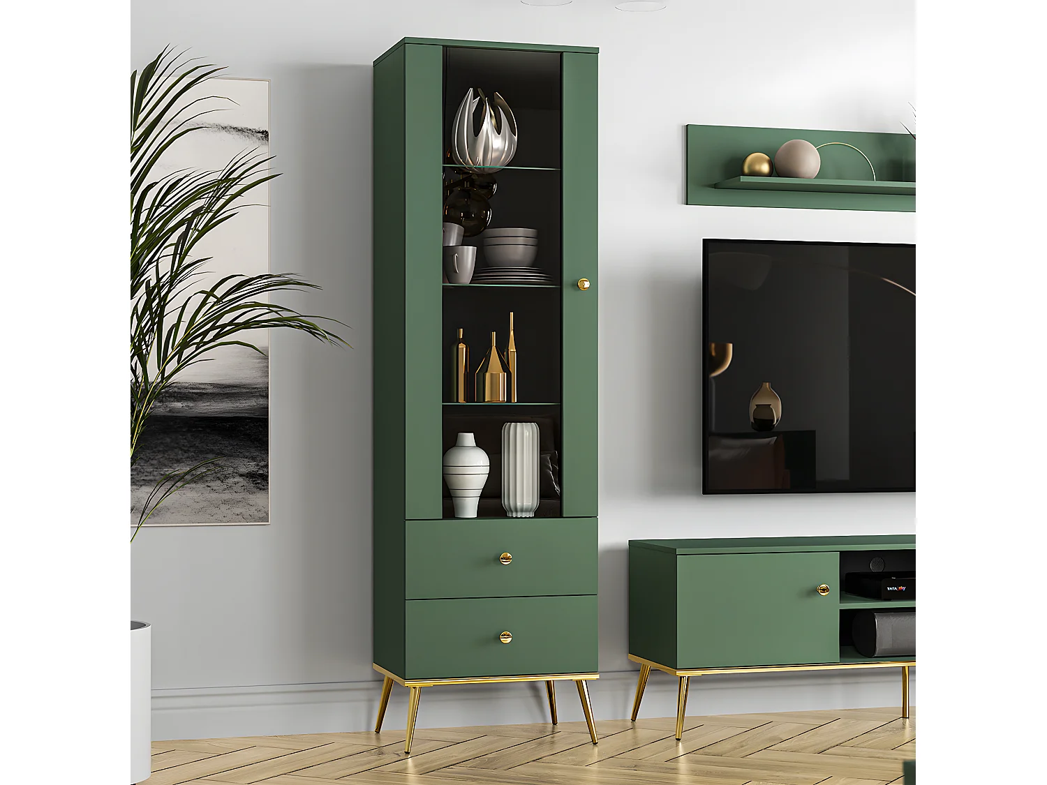 Vitrina 1 puerta 2 cajones Thalia Verde