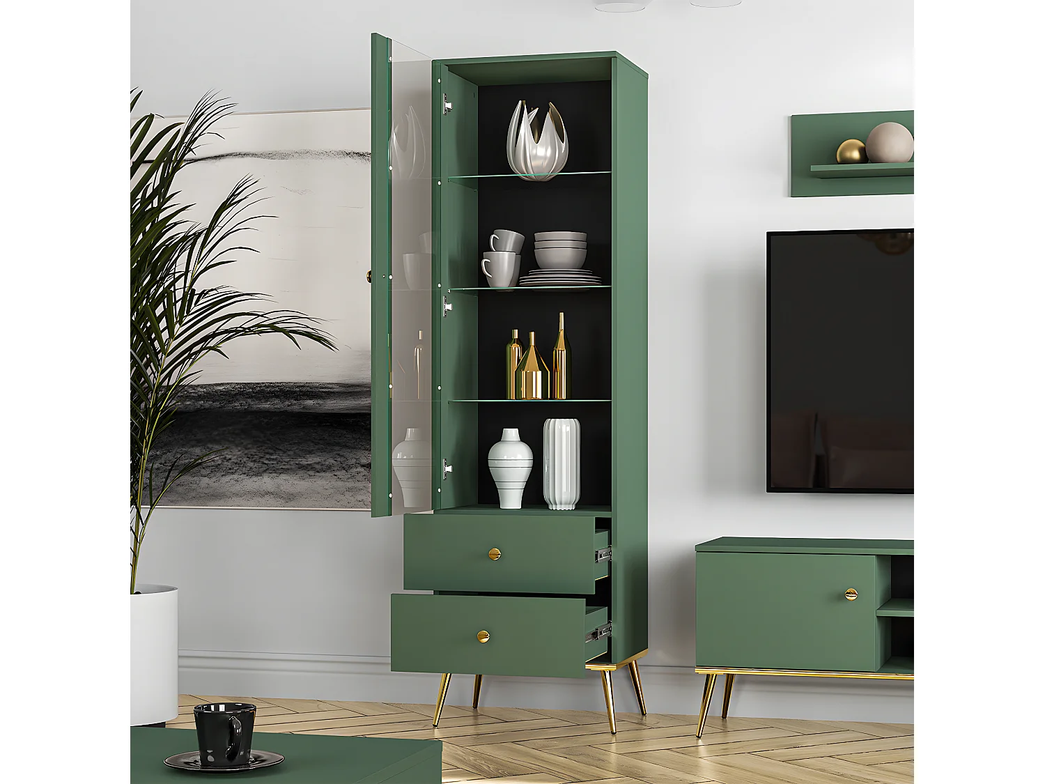 Vitrina 1 puerta 2 cajones Thalia Verde