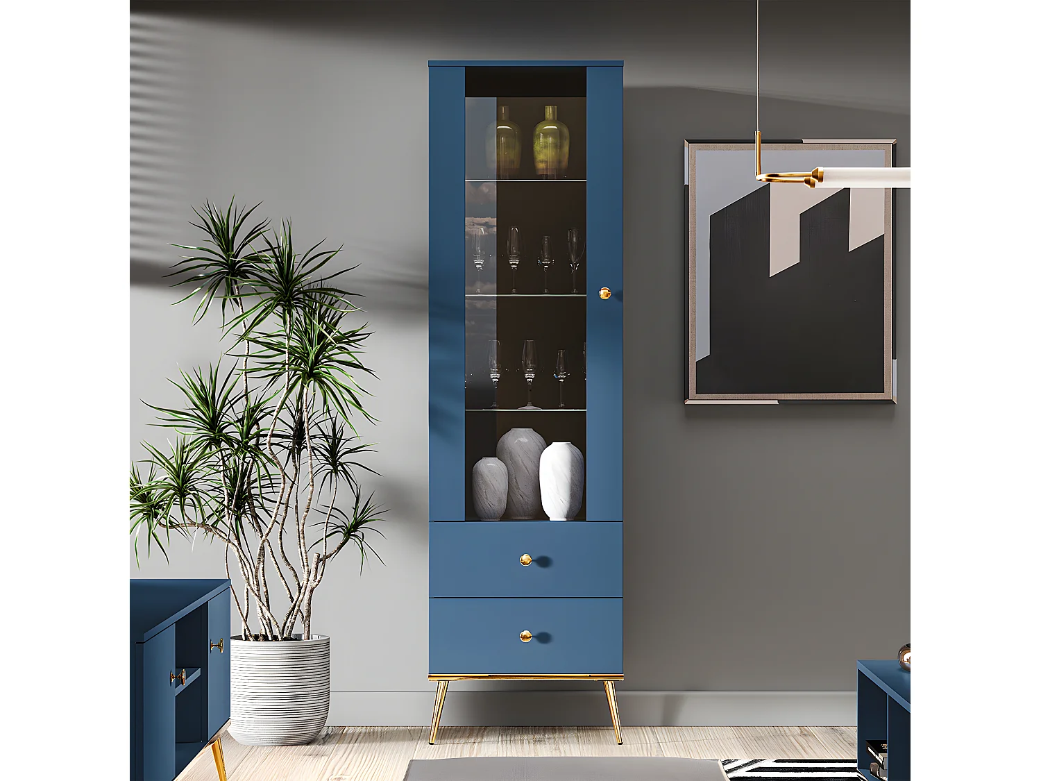 Vetrina a 1 anta e 2 cassetti Thalia Blue